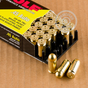 Photo detailing the 45 ACP WOLF 230 GRAIN FMJ (50 ROUNDS) ***STEEL CASES*** for sale at AmmoMan.com.