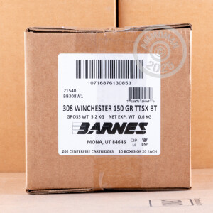 A photograph detailing the 308 / 7.62x51 ammo with TTSX bullets made by Barnes.