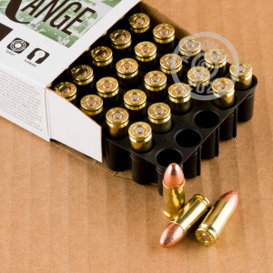 A photograph of 50 rounds of 124 grain 9mm Luger ammo with a FMJ bullet for sale.