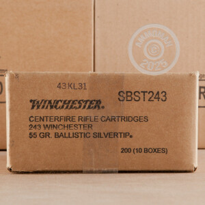 Photo detailing the 243 WIN WINCHESTER BALLISTIC SILVERTIP 55 GRAIN POLYMER TIP (20 ROUNDS) for sale at AmmoMan.com.