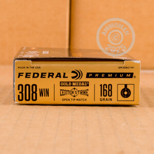 Photo detailing the 308 WIN FEDERAL GOLD MEDAL CENTERSTRIKE 168 GRAIN OTM (200 ROUNDS) for sale at AmmoMan.com.