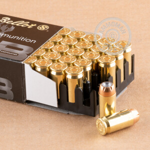 A photograph detailing the .45 Automatic ammo with JHP bullets made by Sellier & Bellot.