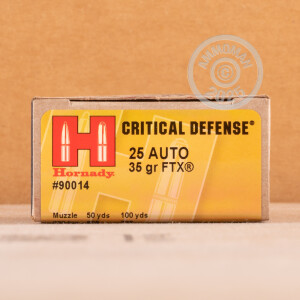 Photo detailing the 25 ACP HORNADY CRITICAL DEFENSE 35 GRAIN FTX (250 ROUNDS) for sale at AmmoMan.com.