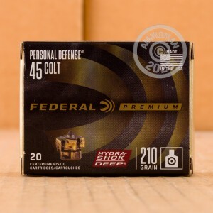 Photo detailing the 45 LONG-COLT FEDERAL PERSONAL DEFENSE HYDRA-SHOK DEEP 210 GRAIN JHP (20 ROUNDS) for sale at AmmoMan.com.