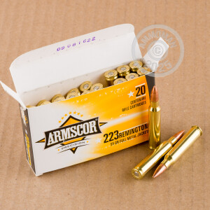 Photo detailing the 223 REMINGTON ARMSCOR USA 55 GRAIN FMJ (20 ROUNDS) for sale at AmmoMan.com.