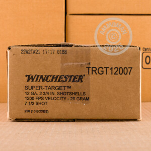 Photo detailing the 12 GAUGE WINCHESTER SUPER TARGET 2-3/4" 1 OZ. #7.5 SHOT (250 ROUNDS) for sale at AmmoMan.com.