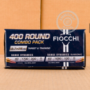 Photo detailing the 5.7x28MM FIOCCHI COMBO PACK 40 GRAIN FMJ & 62 GRAIN FMJ (400 ROUNDS) for sale at AmmoMan.com.