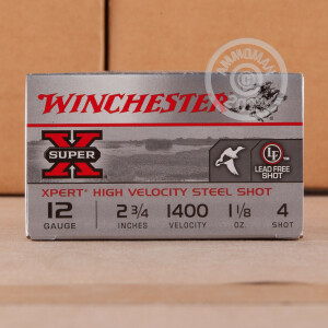 Image of the 12 GAUGE WINCHESTER SUPER-X XPERT 2-3/4“ 1-1/8 OZ. #4 STEEL SHOT (25 ROUNDS) available at AmmoMan.com.