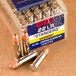 Photograph of .22 Long Rifle ammo with copper plated hollow point ideal for hunting varmint sized game, training at the range.