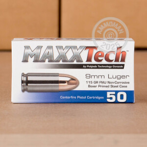 Image of MaxxTech 9mm Luger pistol ammunition.