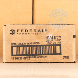 Photo detailing the 20 GAUGE FEDERAL GAME LOAD UPLAND HI-BRASS 2-3/4" 1 OZ. #5 SHOT (250 ROUNDS) for sale at AmmoMan.com.