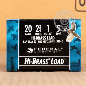 Photo detailing the 20 GAUGE FEDERAL GAME LOAD UPLAND HI-BRASS 2-3/4" 1 OZ. #5 SHOT (250 ROUNDS) for sale at AmmoMan.com.