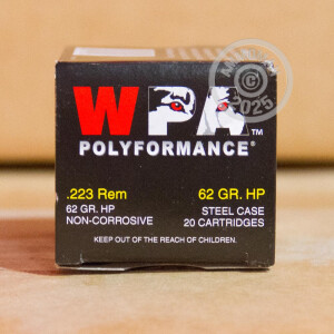 Photo detailing the 223 REM WOLF POLYFORMANCE 62 GRAIN HP (500 ROUNDS) for sale at AmmoMan.com.