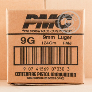 A photograph detailing the 9mm Luger ammo with FMJ bullets made by PMC.