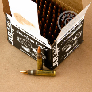 A photograph detailing the 5.56x45mm ammo with FMJ-BT bullets made by Federal.