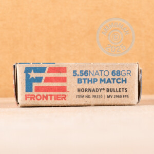 Photo detailing the 5.56X45 HORNADY FRONTIER 68 GRAIN BTHP MATCH (500 ROUNDS) for sale at AmmoMan.com.