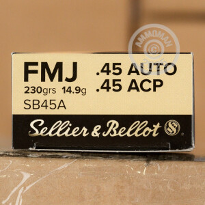 Image of .45 Automatic ammo by Sellier & Bellot that's ideal for training at the range.