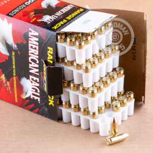 A photograph of 200 rounds of 115 grain 9mm Luger ammo with a FMJ bullet for sale.