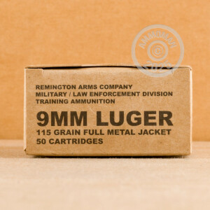 A photograph detailing the 9mm Luger ammo with FMJ bullets made by Remington.