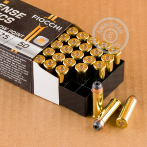 A photograph detailing the 44 Remington Magnum ammo with semi-jacketed hollow-Point (SJHP) bullets made by Fiocchi.