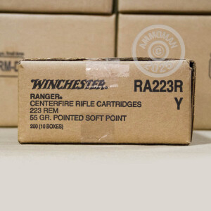 A photograph of 200 rounds of 55 grain 223 Remington ammo with a Pointed Soft-Point (PSP) bullet for sale.