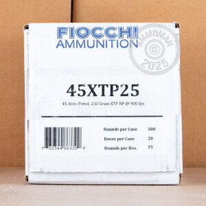 Photo detailing the .45 ACP FIOCCHI XTP 230 GRAIN JHP (500 ROUNDS) for sale at AmmoMan.com.