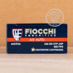 Photo detailing the .45 ACP FIOCCHI XTP 230 GRAIN JHP (500 ROUNDS) for sale at AmmoMan.com.
