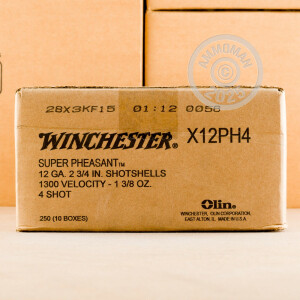 Image of the 12 GAUGE WINCHESTER SUPER PHEASANT 2-3/4" 1-3/8 OZ. #4 SHOT (250 ROUNDS) available at AmmoMan.com.