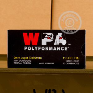 Photograph showing detail of 9MM LUGER WOLF POLYFORMANCE SPAM CAN 115 GRAIN FMJ (800 ROUNDS)