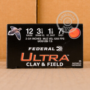 Photo detailing the 12 GAUGE FEDERAL ULTRA CLAY & FIELD 2-3/4" 1-1/8 OZ. #7.5 SHOT (250 ROUNDS) for sale at AmmoMan.com.