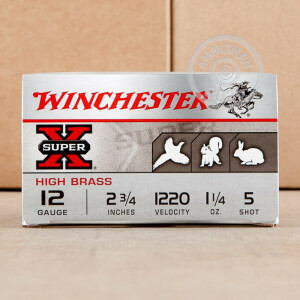 Photo detailing the 12 GAUGE WINCHESTER SUPER-X 2-3/4" 1-1/4 OZ. #5 SHOT (25 ROUNDS) for sale at AmmoMan.com.