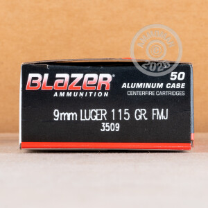 Photograph showing detail of 9MM BLAZER ALUMINUM 115 GRAIN FMJ (50 ROUNDS)