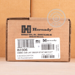 Photo of 338 Lapua Magnum Hollow-Point Boat Tail (HP-BT) ammo by Hornady for sale.