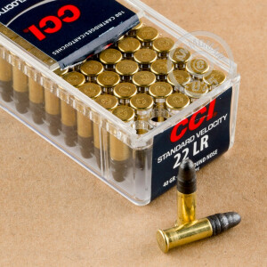 Photograph of .22 Long Rifle ammo with Lead Round Nose (LRN) ideal for Subsonic, training at the range.