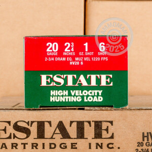 Photo detailing the 20 GAUGE ESTATE HIGH VELOCITY HUNTING LOAD 2 3/4“ 1 OZ. #6 SHOT (25 ROUNDS) for sale at AmmoMan.com.