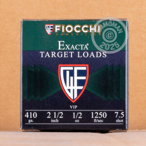 Photo detailing the 410 BORE FIOCCHI EXACTA TARGET 2 1/2" 1/2 OZ. #7.5 (250 ROUNDS) for sale at AmmoMan.com.