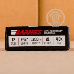 Photo detailing the 12 GAUGE BARNES DEFENSE 2-3/4" 21 PELLETS #4 BUCK (5 ROUNDS) for sale at AmmoMan.com.