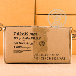 A photograph of 1000 rounds of 122 grain 7.62 x 39 ammo with a FMJ bullet for sale.