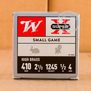 Photo detailing the 410 BORE WINCHESTER SUPER-X 2-1/2" 1/2 OZ. #4 SHOT (250 ROUNDS) for sale at AmmoMan.com.