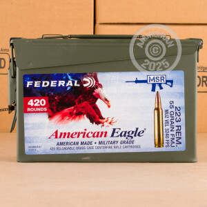 Image of bulk 223 Remington rifle ammunition at AmmoMan.com that's perfect for training at the range.