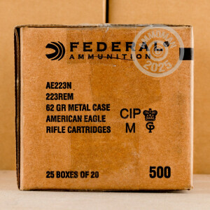 Photo detailing the 223 REMINGTON FEDERAL AMERICAN EAGLE 62 GRAIN FMJBT (500 ROUNDS) for sale at AmmoMan.com.