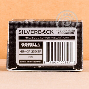 Photograph showing detail of 45 ACP - 230 gr JHP FBI - Gorilla Silverback - 20 Rounds