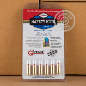 Photo detailing the 38 SUPER GLASER BLUE 80 GRAIN SAFETY SLUG (6 ROUNDS) for sale at AmmoMan.com.