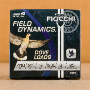 Photo detailing the 410 BORE FIOCCHI 2-1/2" 1/2 OZ. #8 SHOT (250 ROUNDS) for sale at AmmoMan.com.