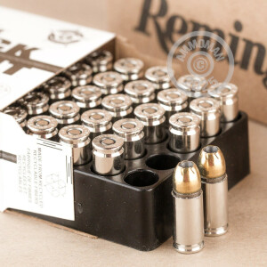 Image detailing the nickel-plated brass case and boxer primers on the Remington ammunition.