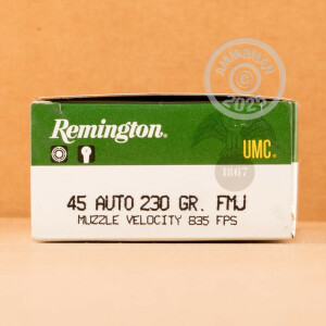 Photograph showing detail of 45 ACP REMINGTON UMC 230 GRAIN MC (50 ROUNDS)