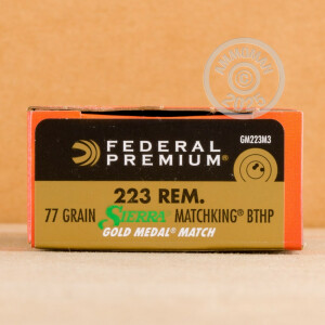 Photo detailing the 223 REMINGTON FEDERAL PREMIUM GOLD MEDAL 77 GRAIN HPBT (20 ROUNDS) for sale at AmmoMan.com.