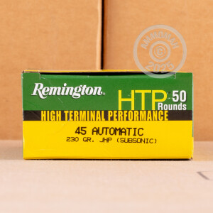 Photo detailing the .45 ACP REMINGTON HTP SUBSONIC 230 GRAIN JHP (50 ROUNDS) for sale at AmmoMan.com.