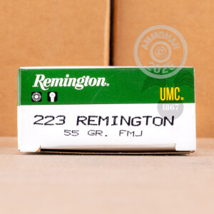 A photograph of 500 rounds of 55 grain 223 Remington ammo with a FMJ bullet for sale.