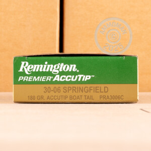 Photo detailing the 30-06 REMINGTON PREMIER 180 GRAIN ACCUTIP BT POLYMER TIP (20 ROUNDS) for sale at AmmoMan.com.